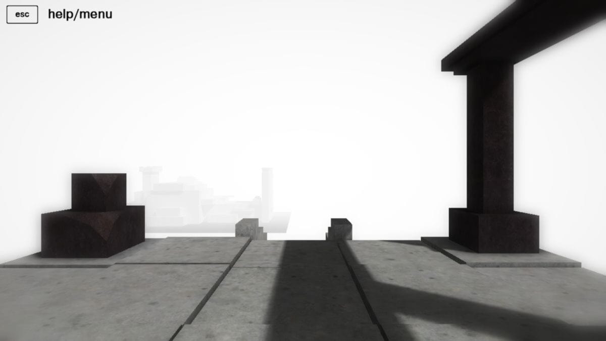A screenshot from a video game shows a concrete platform with geometric structures and shadows, with a mostly white, foggy background. A menu option is visible in the top left corner.