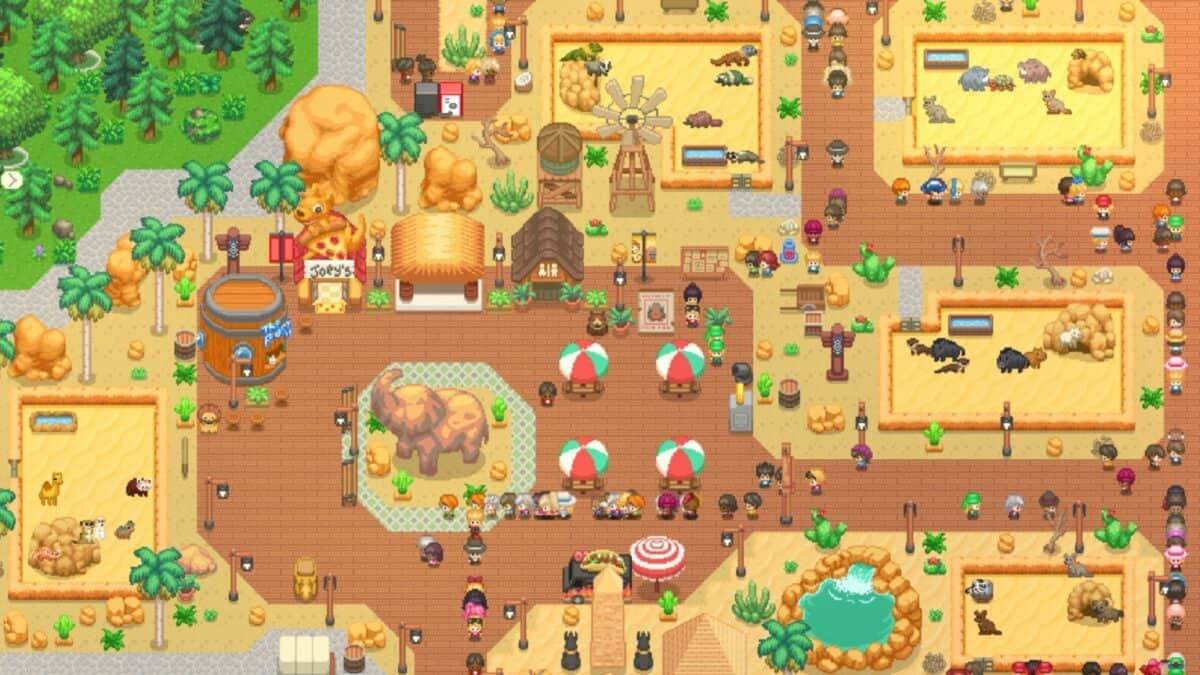 A pixel art scene of a busy desert-themed zoo with animal enclosures, visitors, palm trees, vendor stands, and shaded seating areas under umbrellas.
