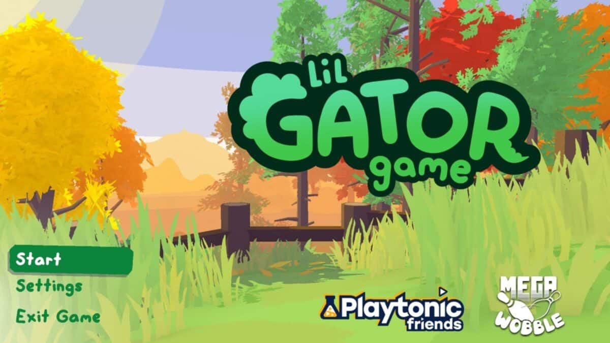 Title screen for "Lil Gator Game" featuring colorful autumn trees, game menu options, and logos for Playtonic Friends and MegaWobble in the foreground.