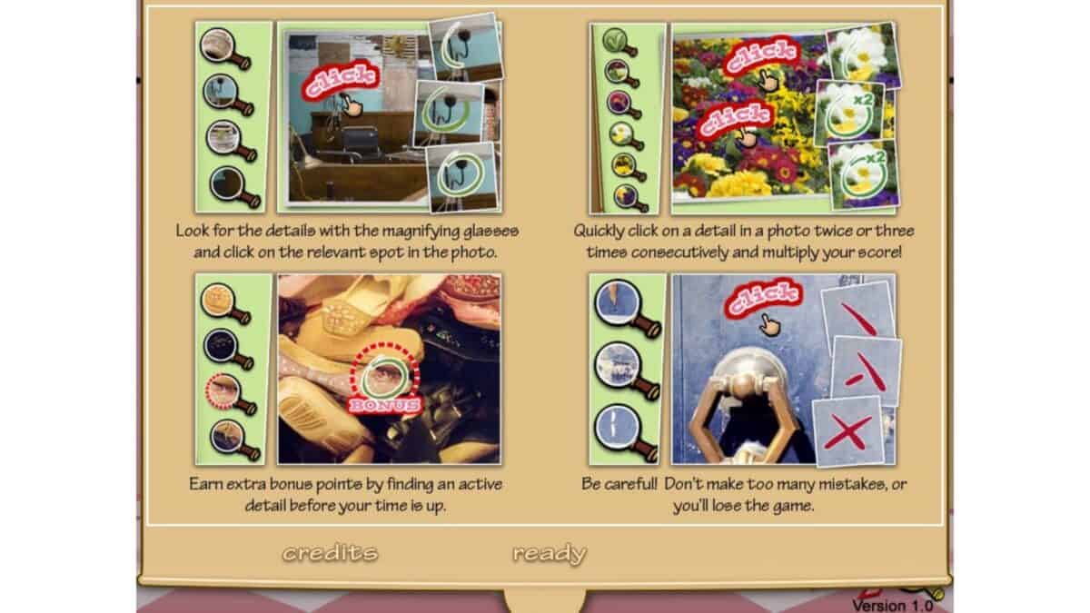 Game instructions screen with four panels showing how to find hidden details in photos, click to score points, earn bonuses, and avoid making mistakes to prevent losing the game.