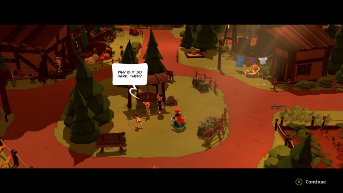 A stylized village scene with characters gathered near a well; one character asks, “Why is it so dark, then?” in a speech bubble. Option to continue appears in the bottom right.