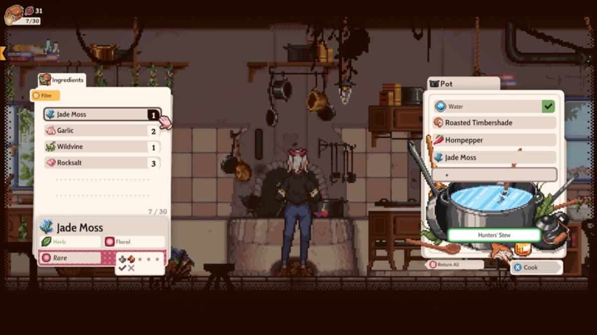 A character stands in a kitchen with a cooking pot; ingredient and recipe menus for making Hunter Stew are displayed on screen.
