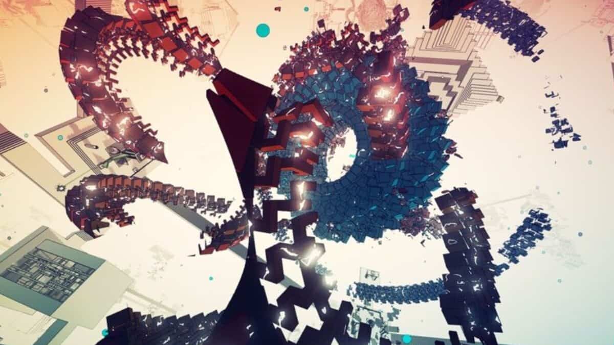 Abstract digital artwork featuring geometric, spiral-like structures in black and blue tones, set against a light background with scattered teal dots and faint architectural outlines.