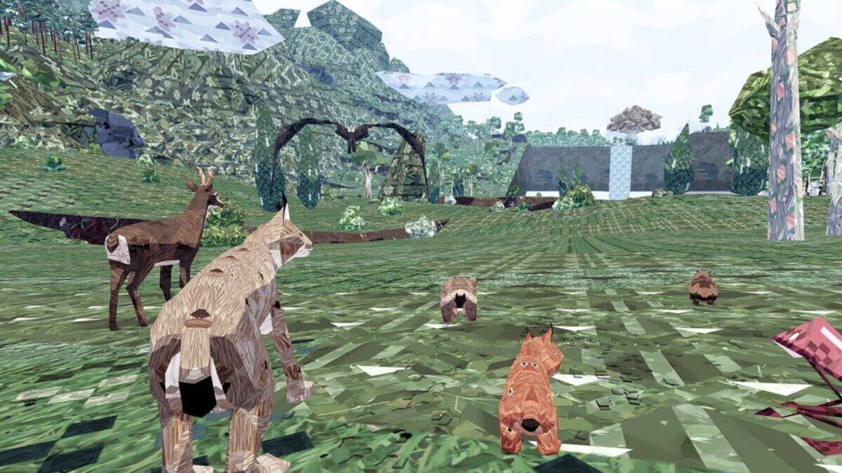 A group of stylized, polygonal animals, including a lynx with cubs and a deer, stand in a grassy, digital landscape with mountains and trees in the background.