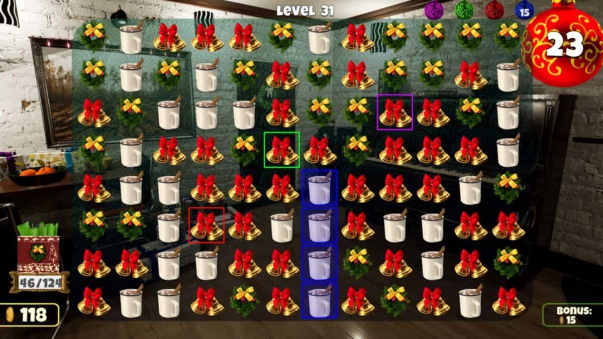 A match-3 puzzle game at level 31 with decorative icons on a grid, timer at 23 seconds, score of 118, and a bonus indicator in the bottom right corner.