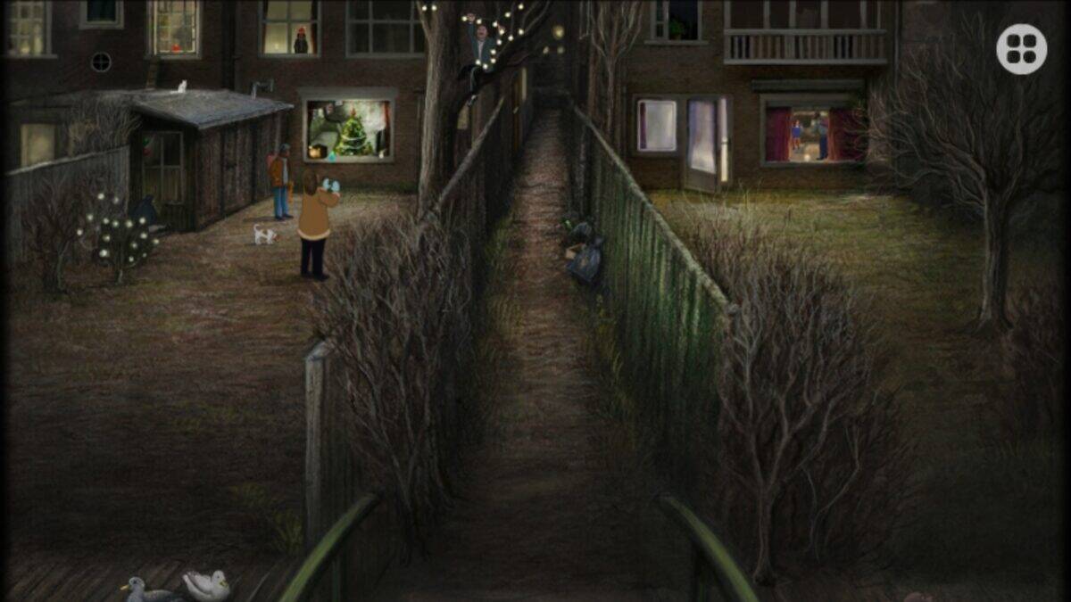 A narrow path runs between fenced backyards; people stand near houses, some with pets, while others look out windows. Sparse trees and bushes line the area.