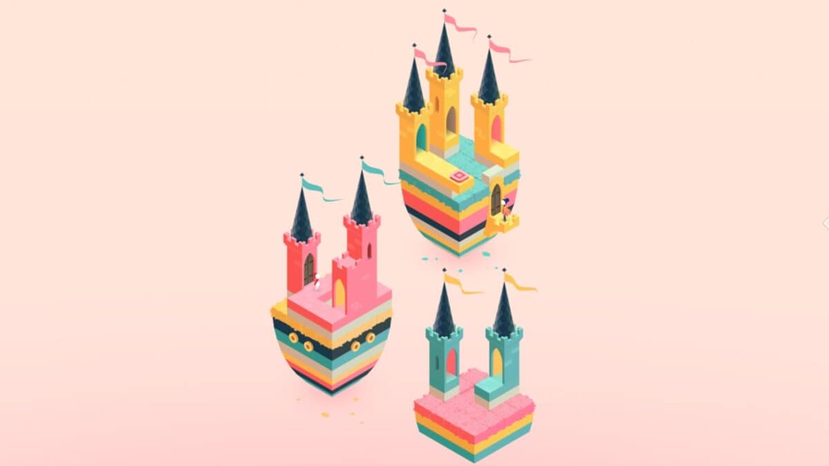 Three colorful, geometric castles with tall spires and layered bases stand on a pale peach background, each decorated with flags and small details.