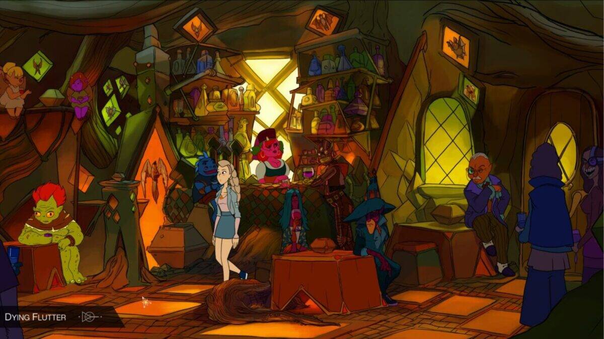 A vibrant, fantasy-style tavern interior with various colorful characters, potions on shelves, and warm lighting from large, geometric windows.