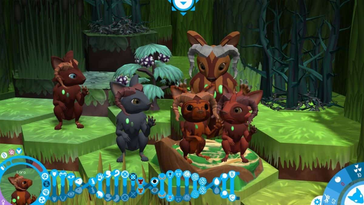 A group of five fictional animal creatures stands on hexagonal grass tiles in a forest setting, with a user interface and DNA sequence visible at the bottom.