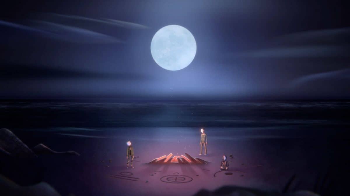 Three people stand around a campfire with symbols drawn in the sand on a beach at night, with a full moon and ocean in the background.
