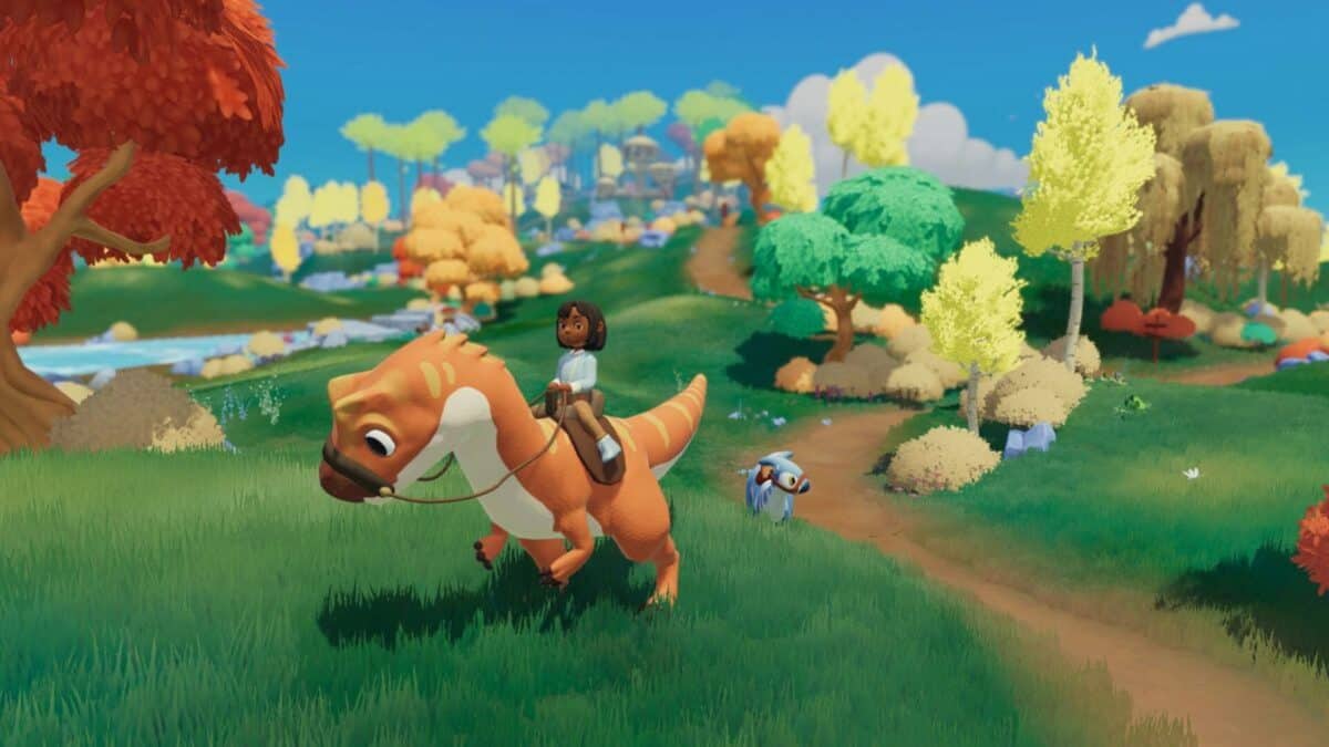 A character rides a large orange dinosaur while another small dinosaur follows along a path through a bright, colorful landscape with trees and hills.