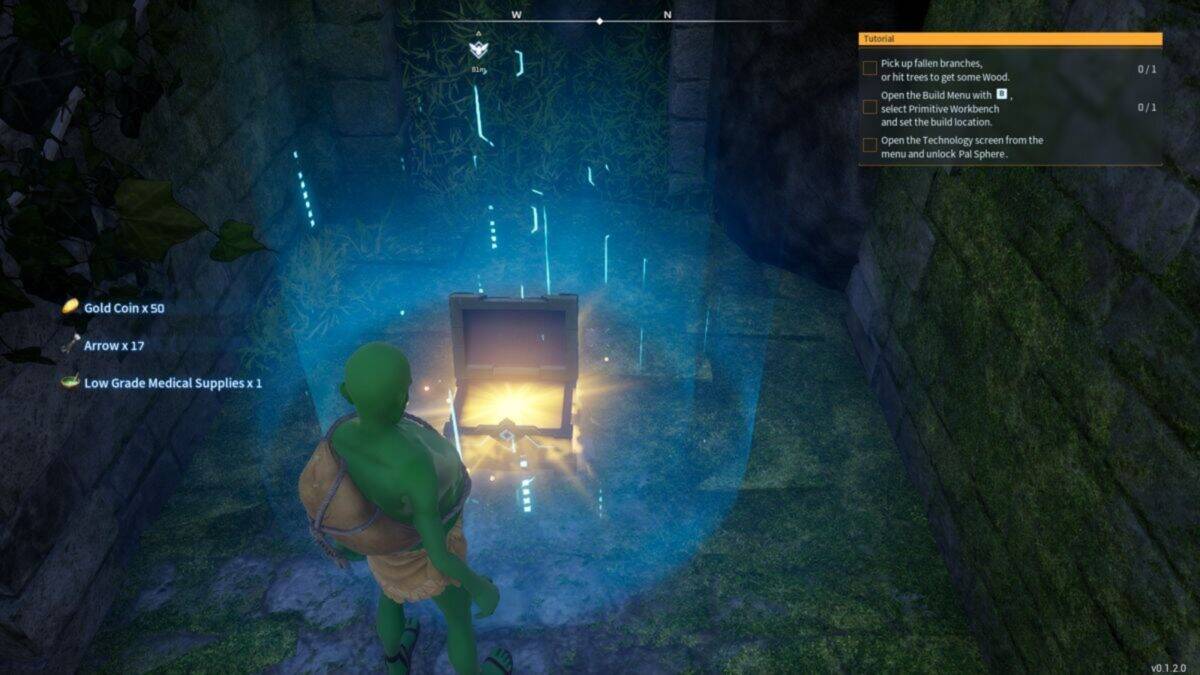 A green humanoid character stands before an open, glowing chest in a stone-walled, overgrown area within a video game interface. Game objectives and inventory are visible on the screen.