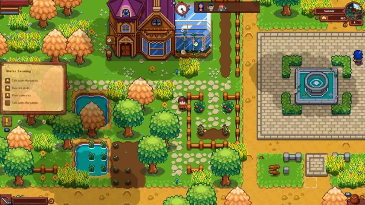 Colorful pixel art farm scene with trees, garden beds, a pond, a large house, a stone path, and a walled fountain area; visible user interface boxes overlaying the scene.