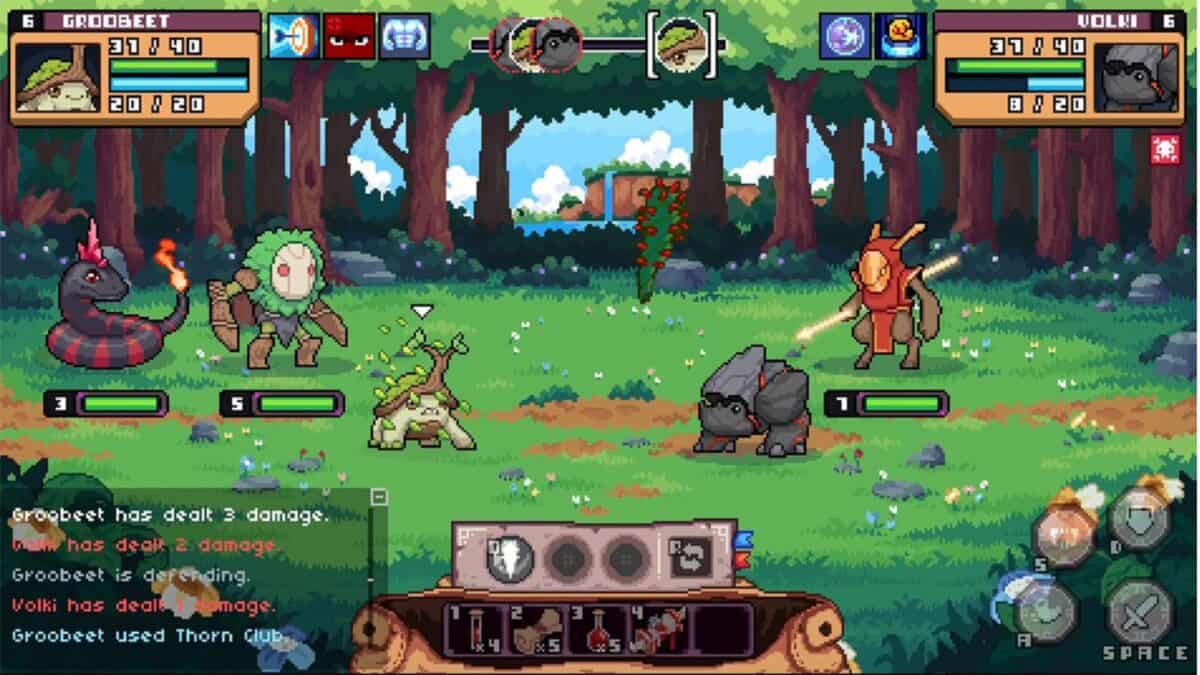 A pixel art battle scene features four fantasy creatures in a forest clearing, with status bars and command menus displayed on the screen.