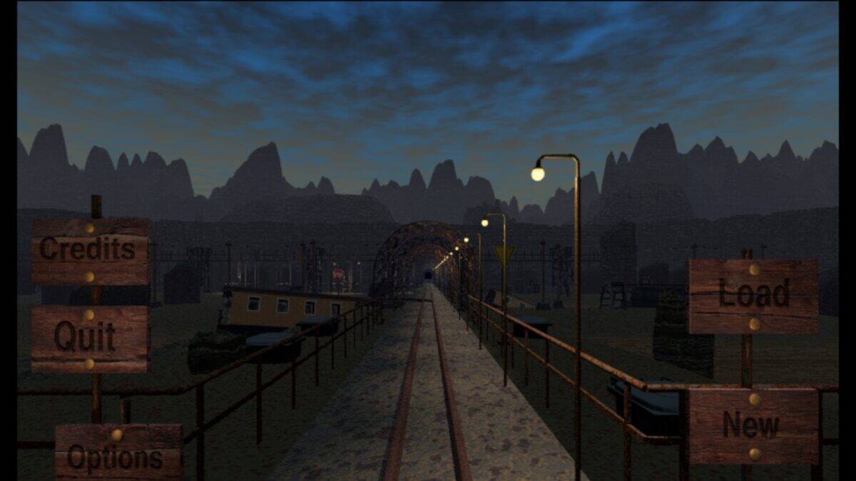 A dimly lit railway bridge leads toward distant mountains at dusk, with wooden menu signs for credits, quit, options, load, and new flanking the sides.