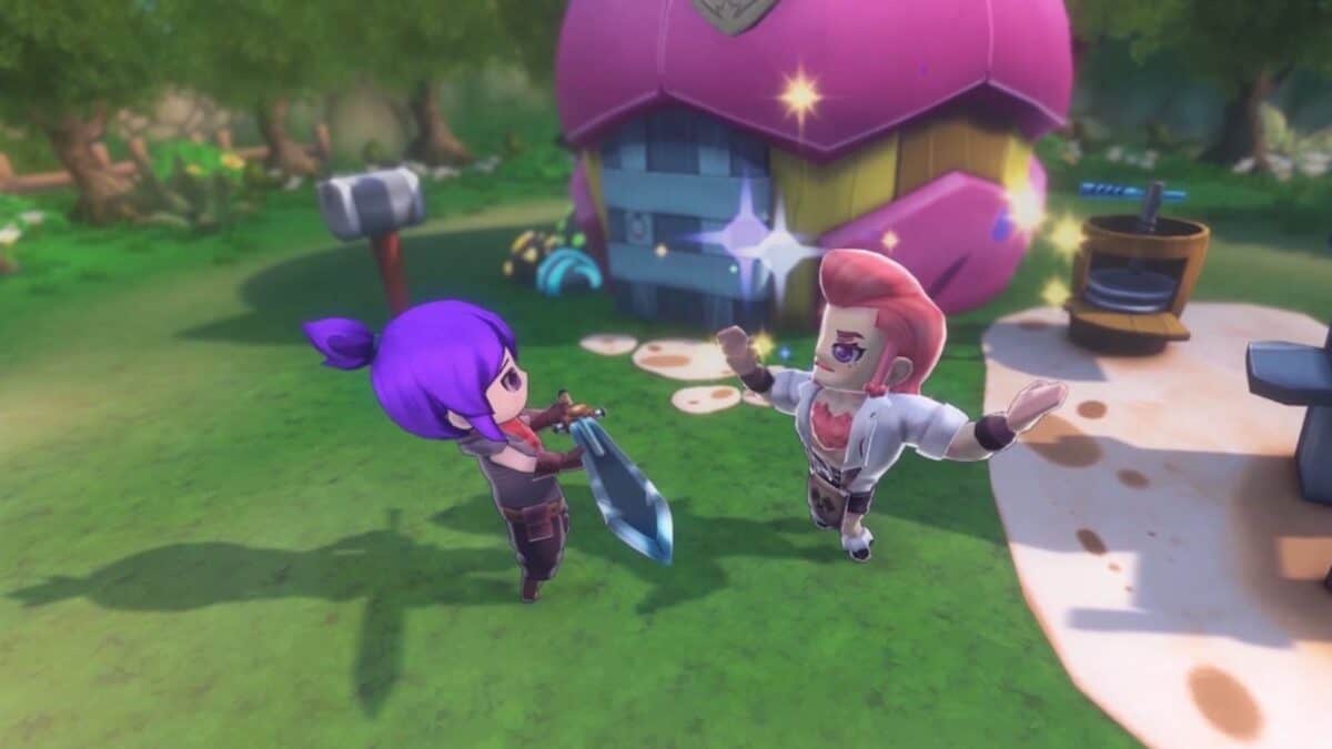 Two cartoon characters stand in front of a round pink house; one holds a sword while the other raises their arms with sparkles around them.