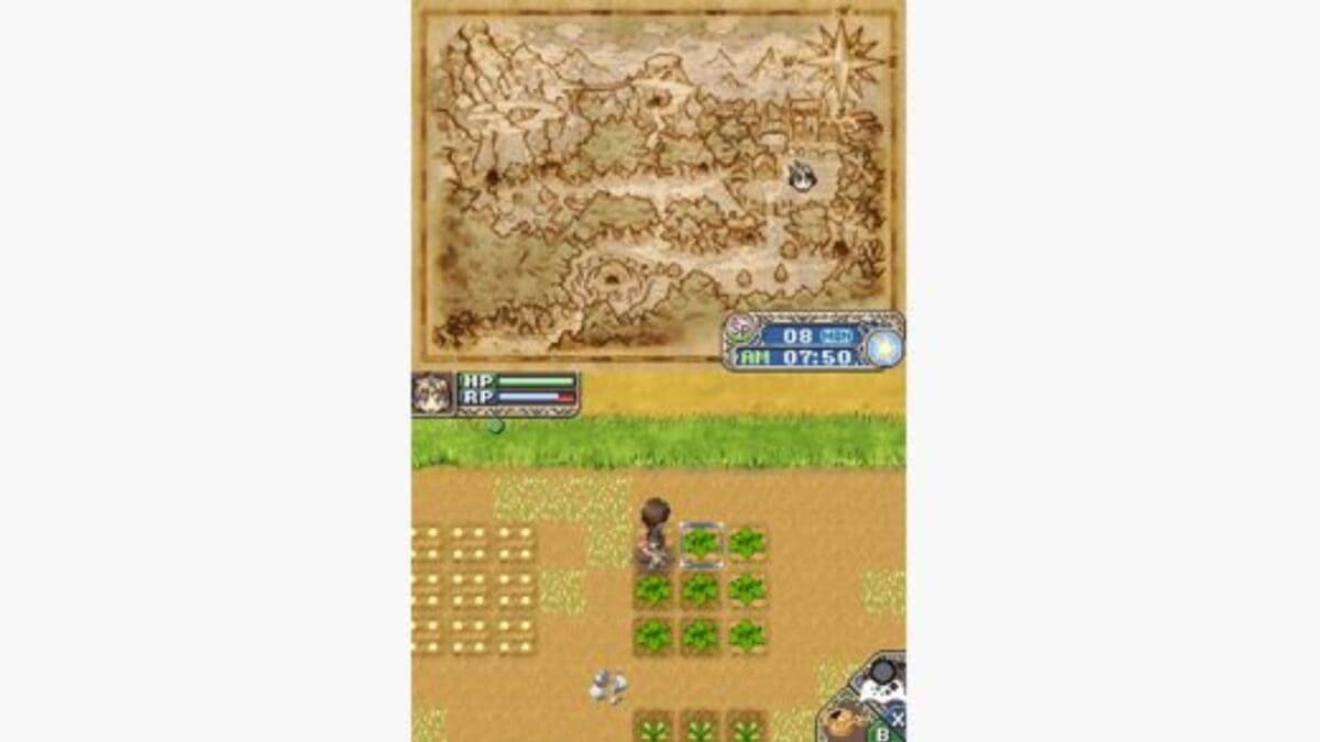 A video game screenshot shows a character farming crops in a field; the upper screen displays an illustrated map, while the lower screen shows gameplay elements and status bars.