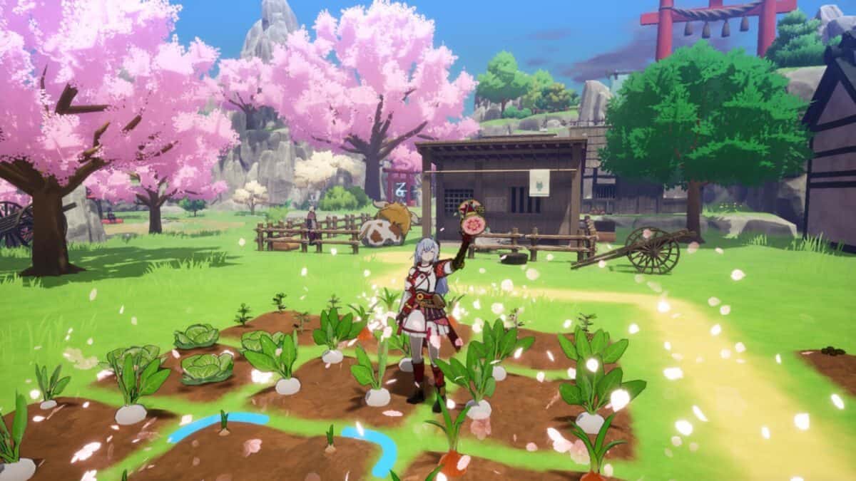 A character with white hair stands in a vegetable garden, holding a tool, surrounded by blossoming trees, crops, and a wooden building in a vibrant, animated landscape.