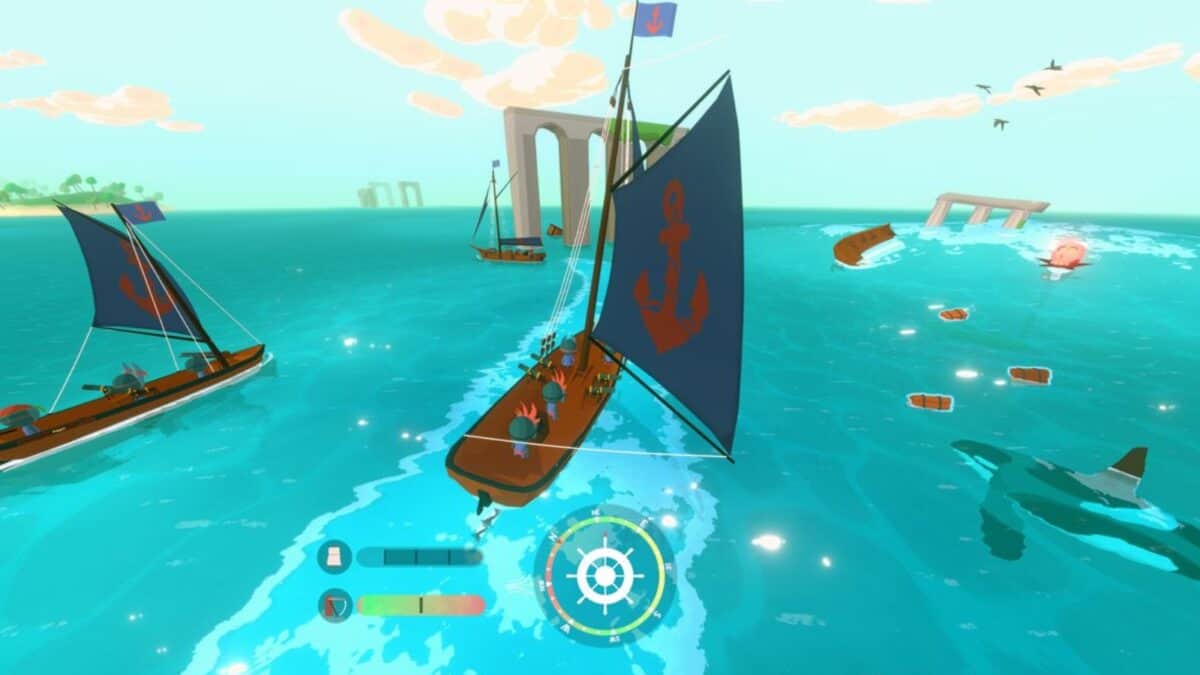 A stylized video game scene shows sailboats with anchor symbols on blue sails navigating bright blue water, with floating crates, a shark, and large stone arches in the background.
