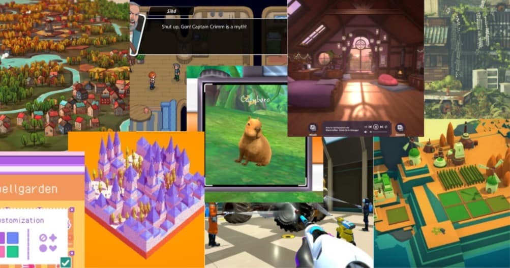 A collage of various colorful video game scenes, including cityscapes, a capybara, interior rooms, and interactive game interfaces.