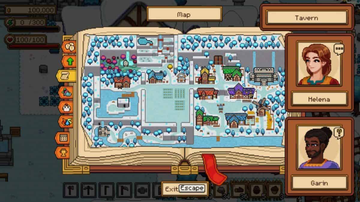 A game map displayed in an open book shows a snowy village with buildings. Character portraits and names, “Helena” and “Garin,” are on the right, with menu options at the bottom.