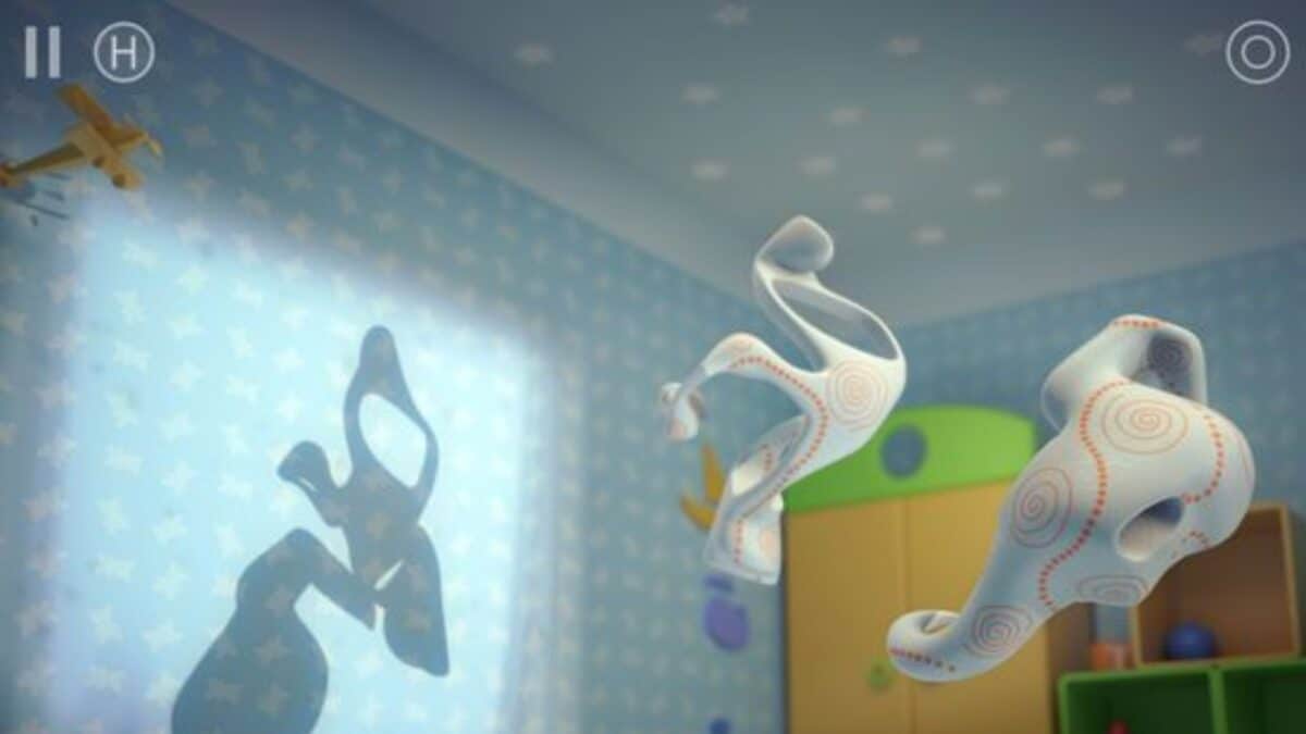 A child's bedroom with blue wallpaper, a wooden toy plane, and two abstract, floating white sculptures with red and blue patterns casting shadows on the wall.