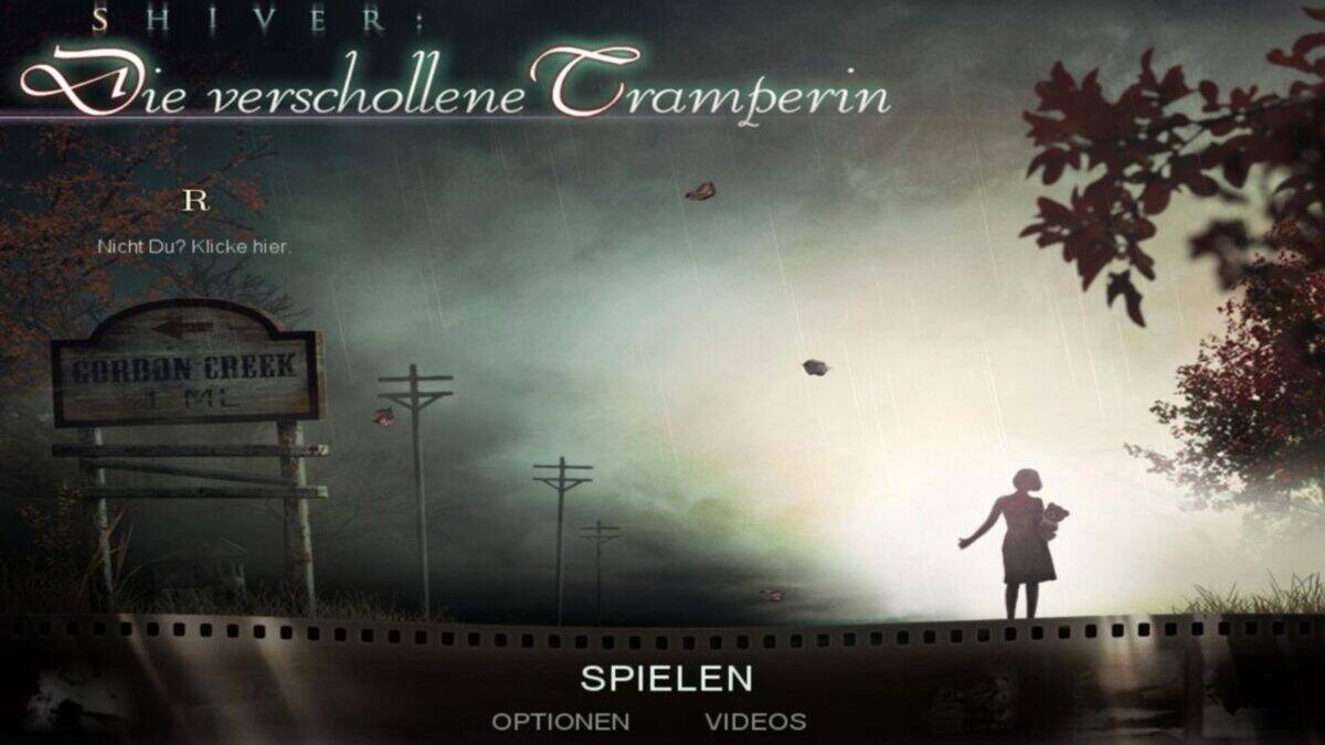 A silhouette of a woman stands near a country road under a cloudy sky, with a sign reading "Gordon Creek, M.L." and German text overlaid.