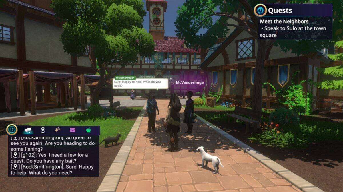 A group of characters stand in a village square with quest instructions and chat dialogue visible on the screen in a fantasy video game environment.
