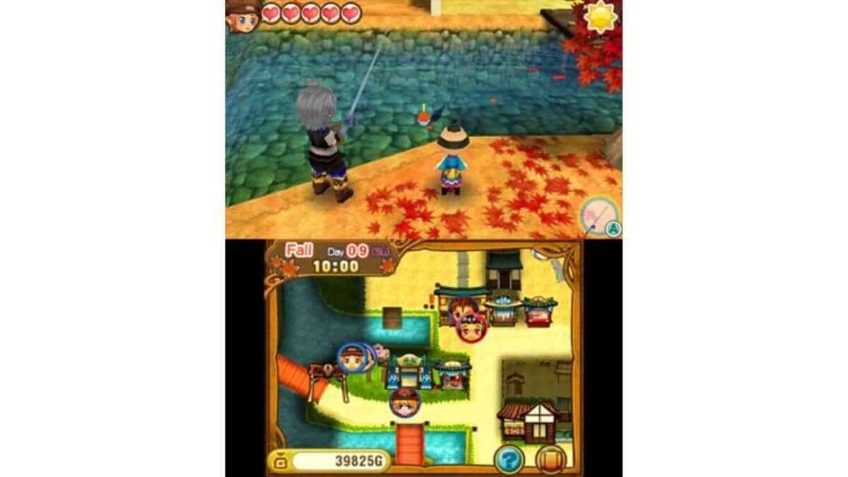 Two characters fish by a river in a video game with autumn leaves on the ground; a map and player info are displayed on the lower screen.