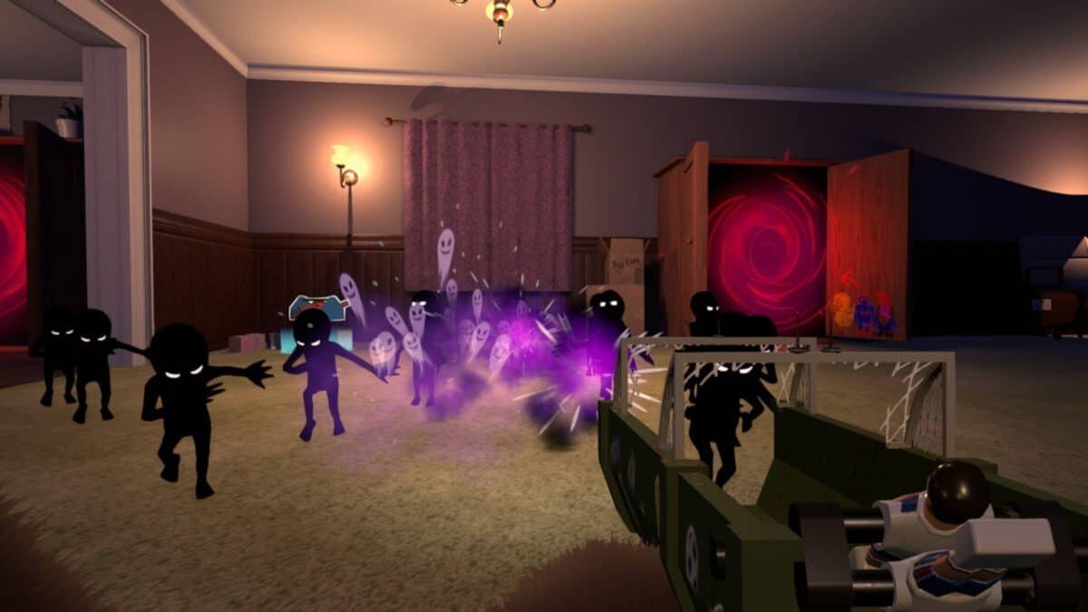 A first-person view in a video game shows shadowy figures and ghosts advancing in a dimly lit room, with a character firing a weapon that emits purple energy.