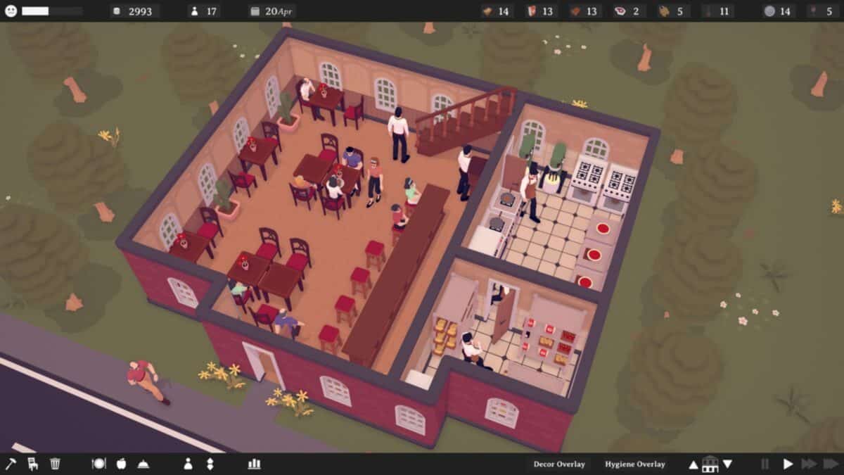 Isometric view of a restaurant simulation game showing customers dining, staff serving, and a kitchen area with cooks preparing food.