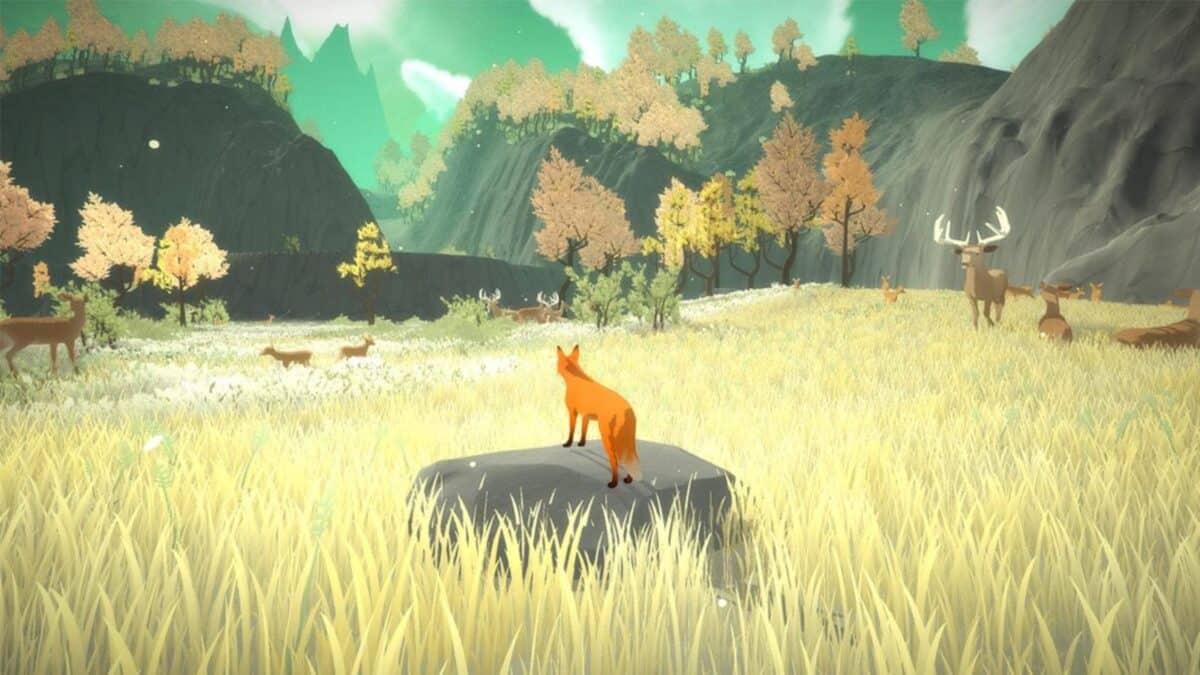 A stylized orange fox stands on a rock in a grassy field surrounded by deer and autumn trees, with mountains in the background under a green-tinted sky.