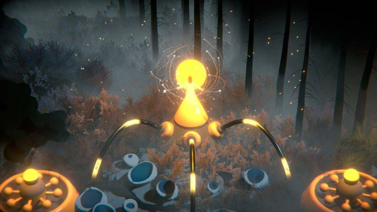 A glowing, cone-shaped object with mechanical arms emits light in a misty forest with scattered blue-and-white spherical objects on the ground.