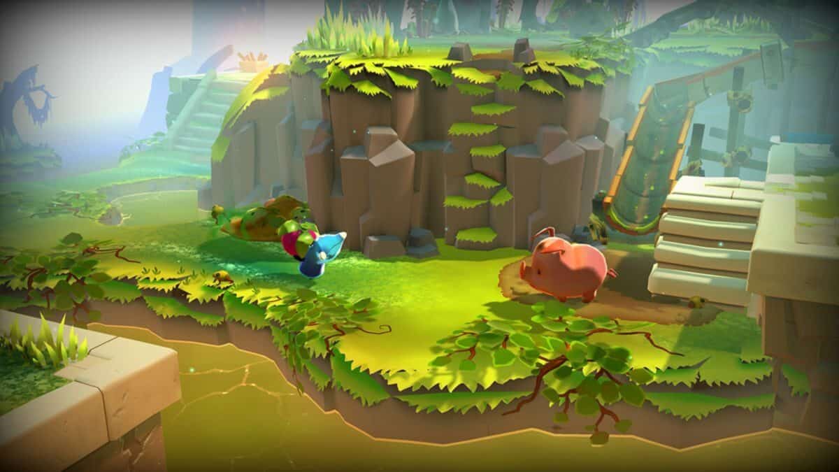 A colorful, cartoon-style video game scene shows a small blue character facing a pink creature on a grassy cliff with stone platforms and lush vegetation.