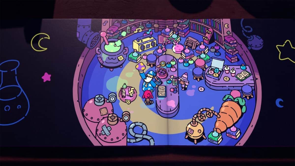 Colorful illustration of a whimsical laboratory with cartoon characters, lab equipment, books, and various quirky objects on purple and blue surfaces.