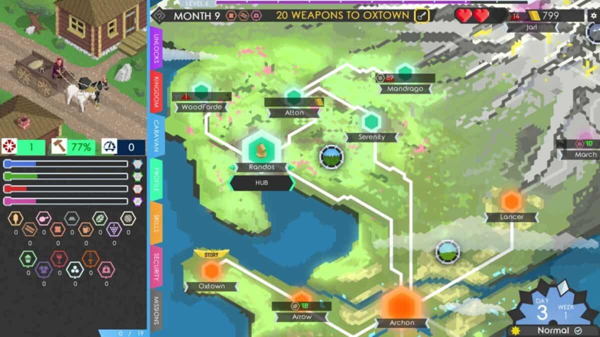 A strategy game interface displays a colorful map with towns, routes, and stats on the left panel, showing progress, resources, and objectives.