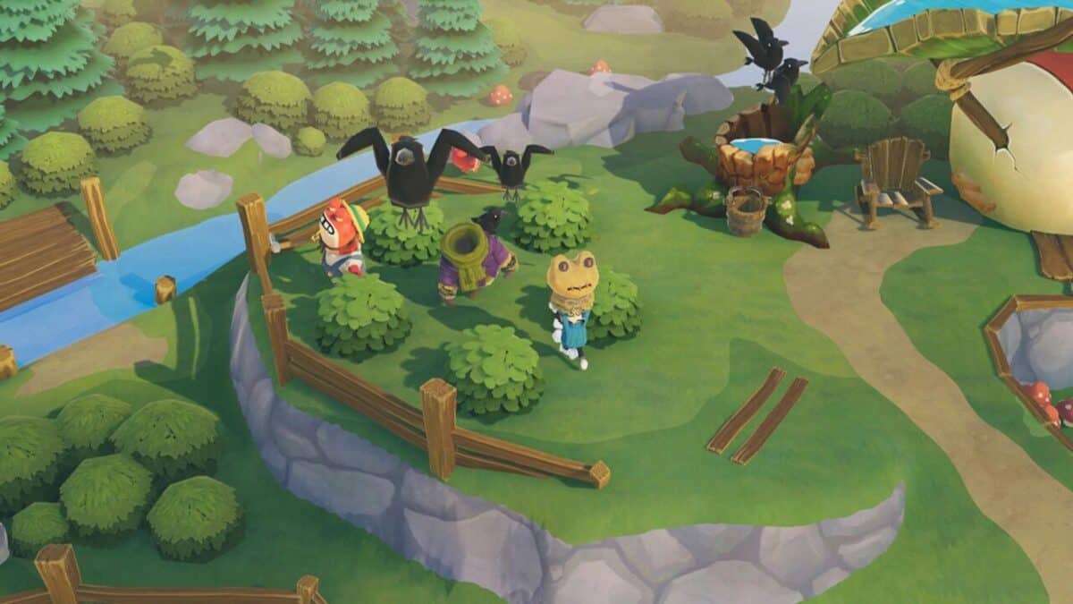 A group of cartoon animal characters stand near bushes and wooden fences in a colorful outdoor area with trees, a river, and crows.