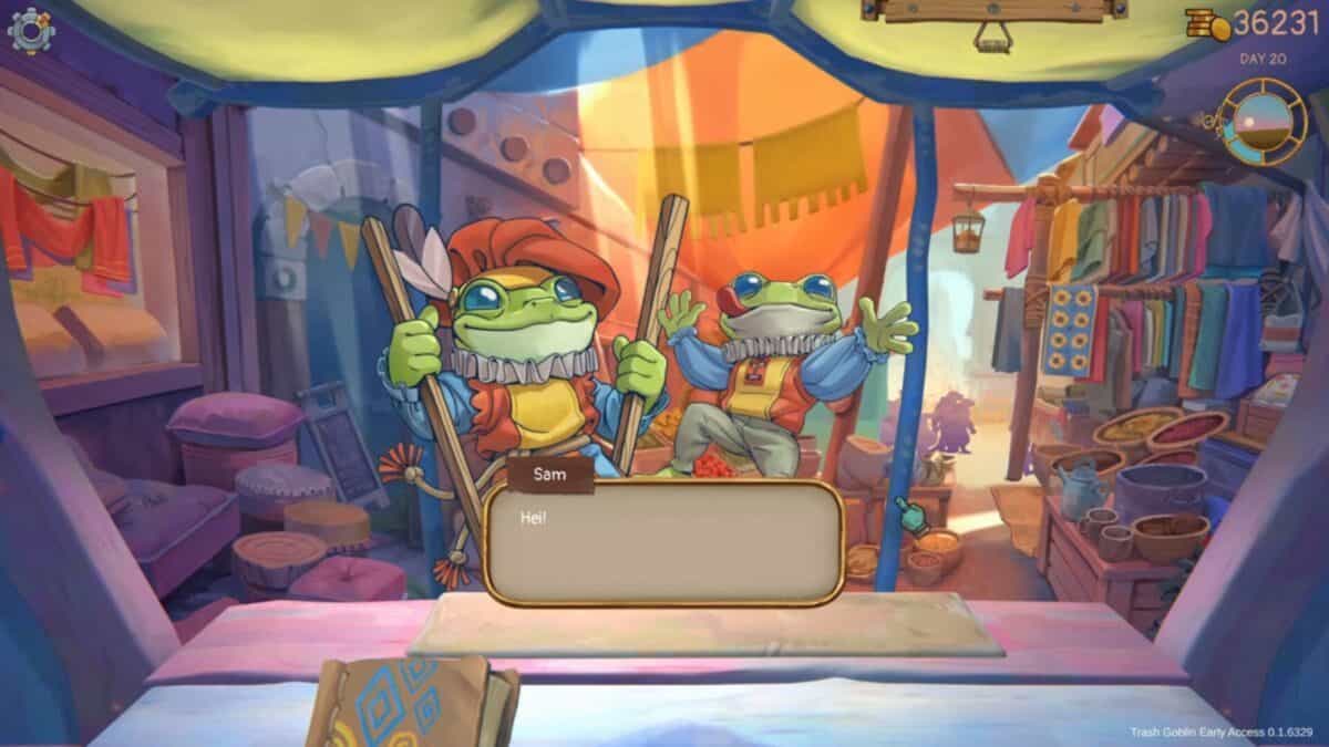 Two cartoon frogs wearing colorful outfits stand behind a market stall, greeting the viewer in a vibrant, bustling marketplace setting. A text box in front reads, "Sam: Hello!".