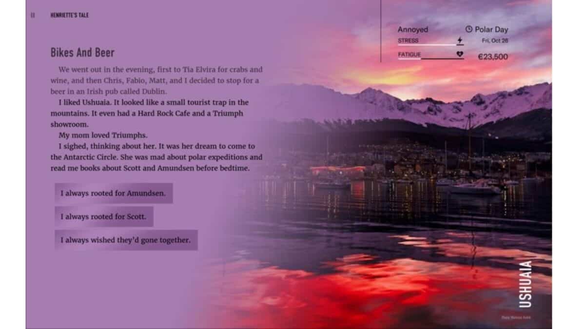 A purple-tinted page features text about a visit to Ushuaia, Argentina, overlaid on a photo of a mountain landscape at sunset with calm water and boats. Side notes list emotions and travel details.