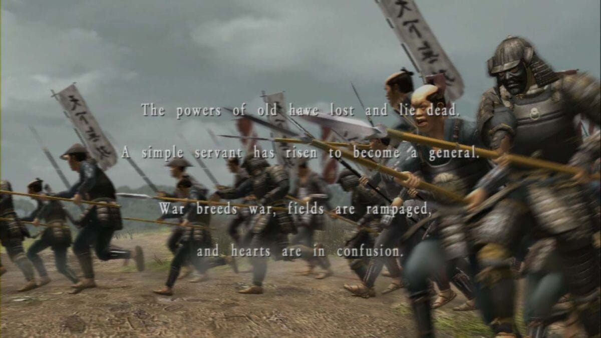 A group of armored samurai soldiers charge with spears on a battlefield, while text describing war and a servant rising to general is overlaid on the image.