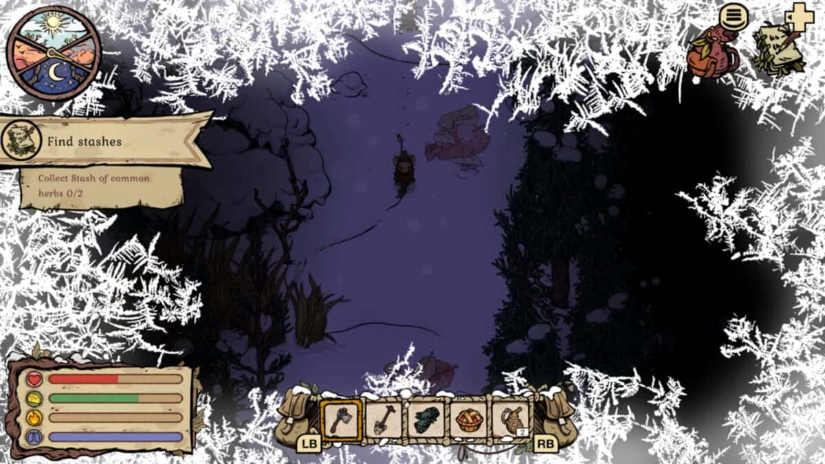 A video game scene shows a character walking in a snowy landscape with frosty borders, quest instructions, and status bars visible on the screen.