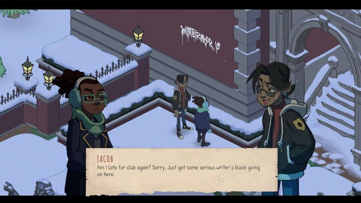 Two students talk outside a snow-covered school building, with "WINTERMOR 15" graffiti on the wall. One says they’re late due to writer’s block. Another pair stands in the background.