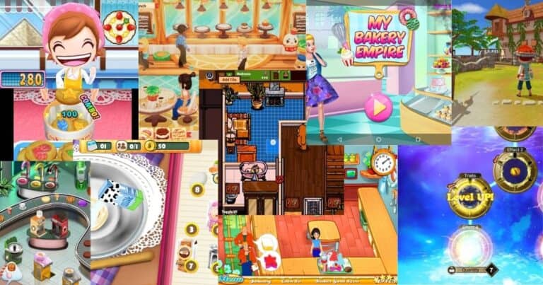 Collage of various colorful screenshots from different baking and cooking-themed mobile games, featuring animated characters, kitchens, food items, and game interfaces.