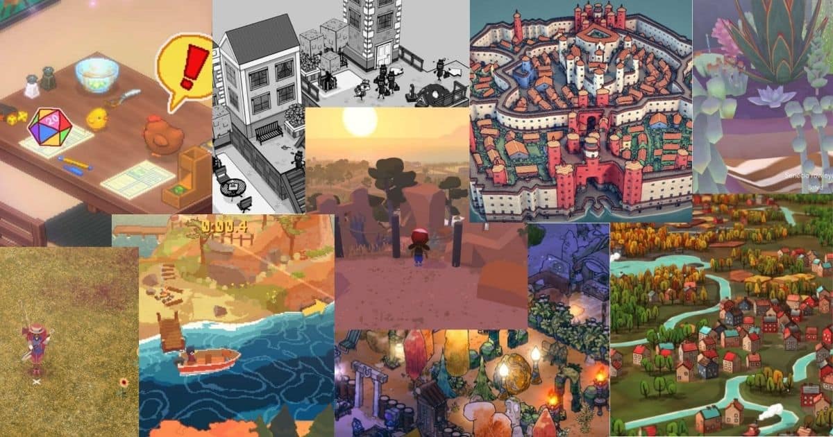 A collage of various isometric and top-down video game scenes, featuring colorful environments, buildings, landscapes, and characters.