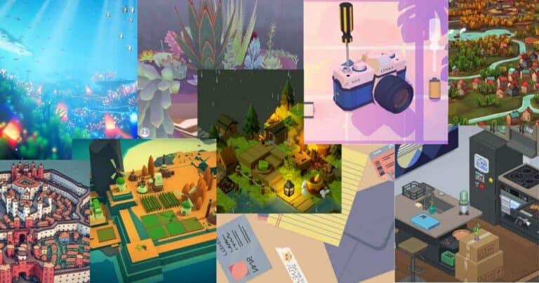 A collage of various digital art scenes including landscapes, plants, buildings, a camera, a kitchen, and an overhead view of towns and fields.