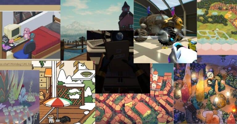 A collage of various video game scenes, including cartoon-style characters, landscapes, city maps, animals, and virtual reality environments.