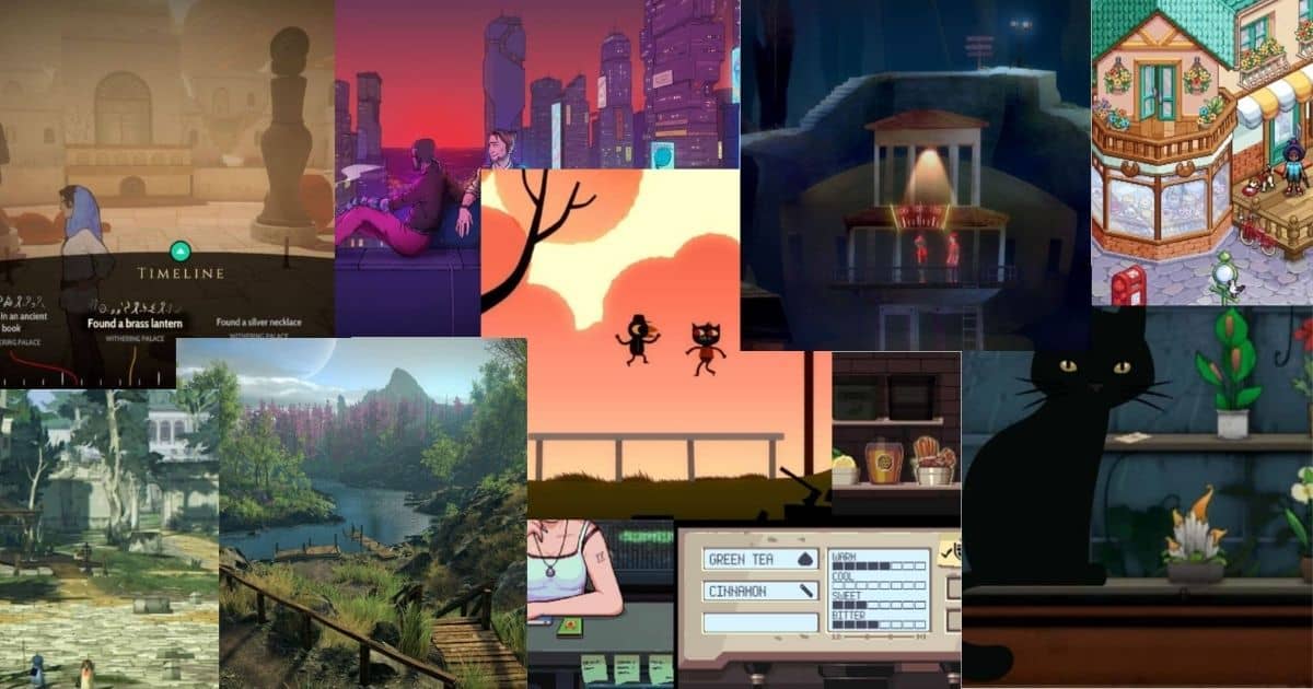 A collage of twelve different video game scenes, featuring various art styles, characters, and environments including landscapes, cityscapes, interiors, and a black cat.