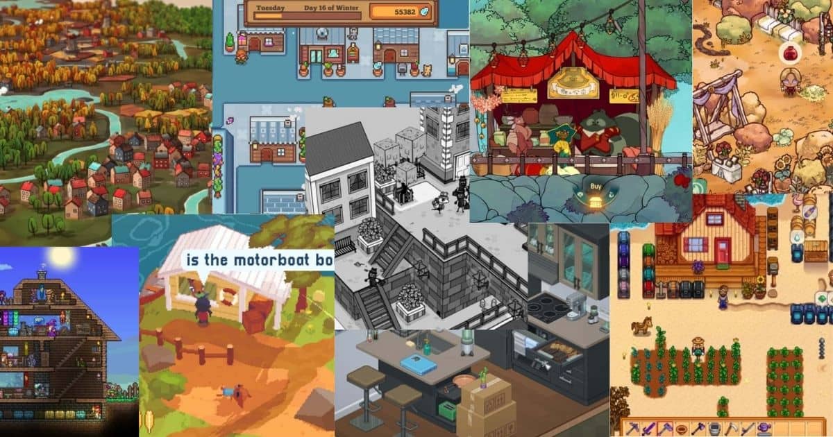A collage of various pixel art video game scenes, including farming, city building, shopping, and interior design environments.