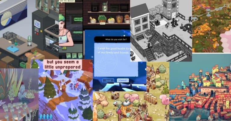 A collage of various pixel art video game scenes, featuring urban, rural, and fantasy environments, characters, and game interface elements.