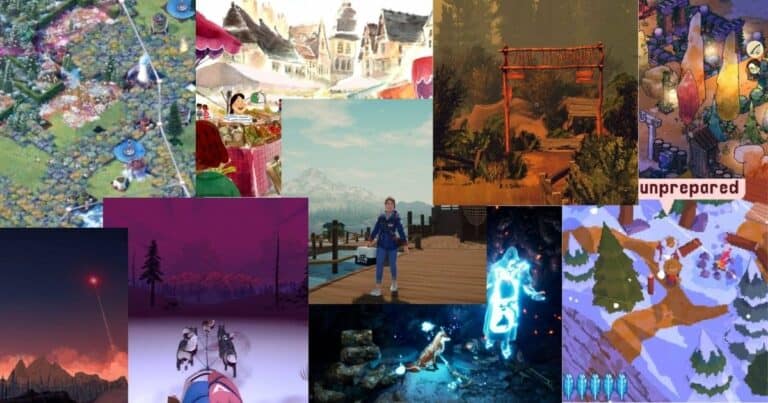 A collage of various video game scenes featuring different art styles, landscapes, characters, and environments, arranged in a grid pattern.